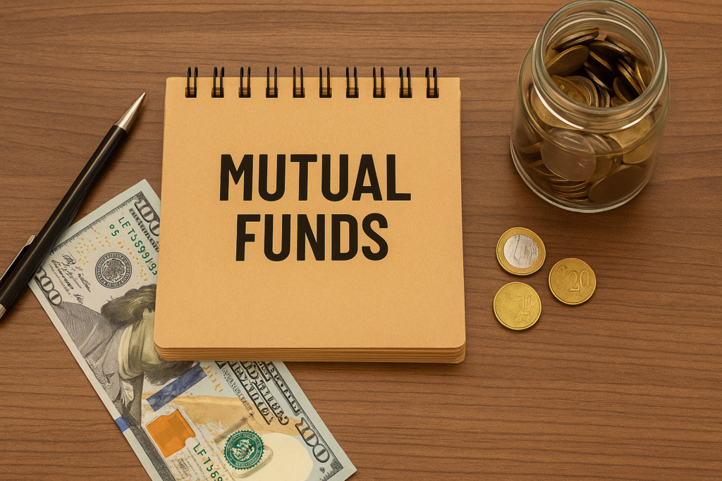 Notebook labeled 'Mutual Funds' placed on a wooden desk with a pen, US dollar bills, coins, and a jar of change—illustrating the concept of mutual fund vs fixed deposit investment options.