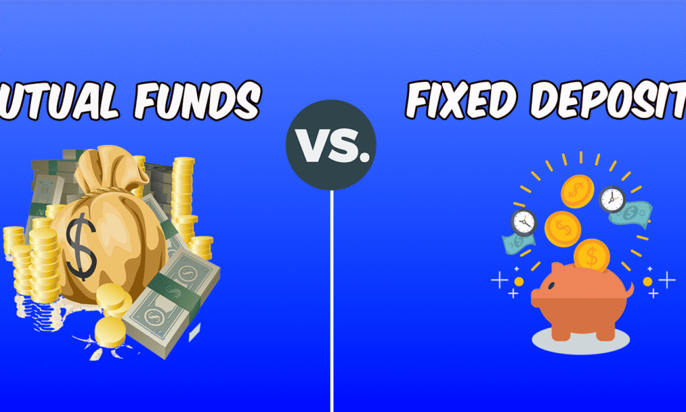 Illustration comparing mutual fund vs fixed deposit: on the left, a money bag and stacked coins represent mutual funds, while on the right, a piggy bank with clocks, coins, and cash signifies fixed deposits, divided by a central 'VS' marker on a blue gradient background