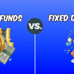Illustration comparing mutual fund vs fixed deposit: on the left, a money bag and stacked coins represent mutual funds, while on the right, a piggy bank with clocks, coins, and cash signifies fixed deposits, divided by a central 'VS' marker on a blue gradient background